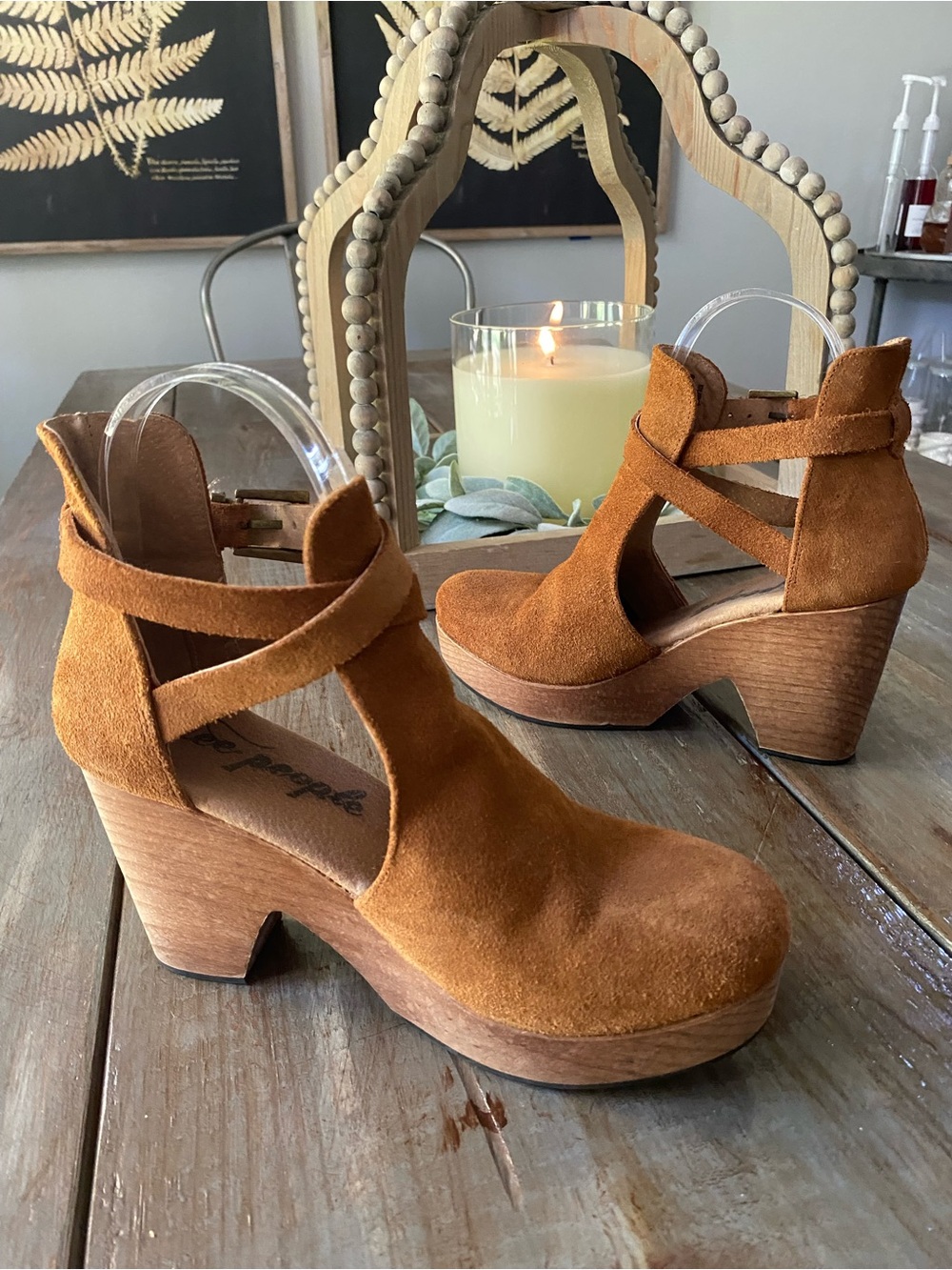 Free People Cedar Clogs Leather Wooden Platform Ankle Boots Womens 36 Tan Brown - Picture 1 of 12